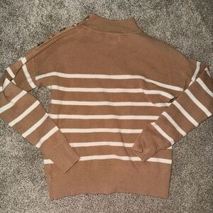 Nicole Miller Tan and White Striped Turtleneck Sweater